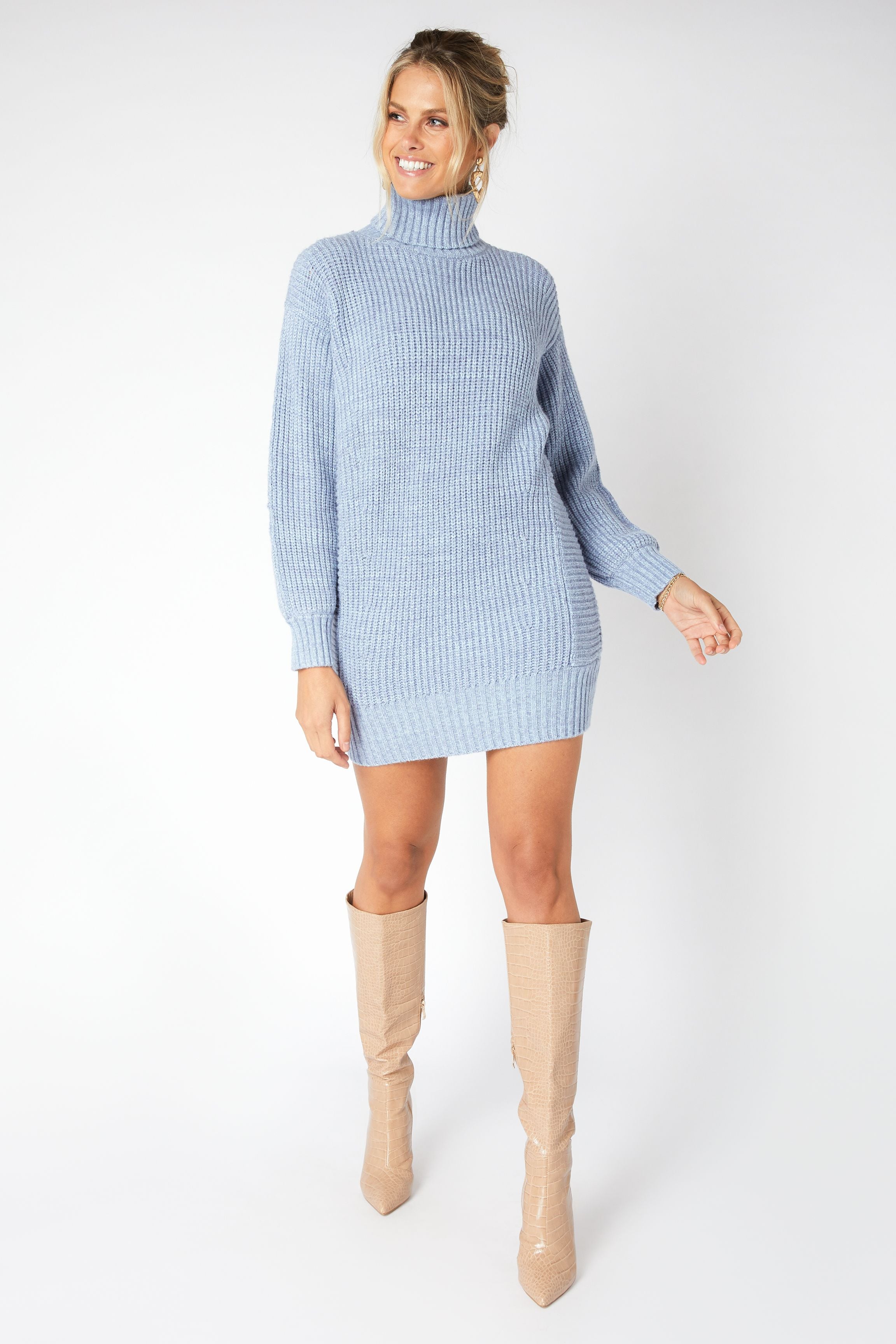 Felted Wool High Neck Knit Mini Dress - For Women 1AC4AO